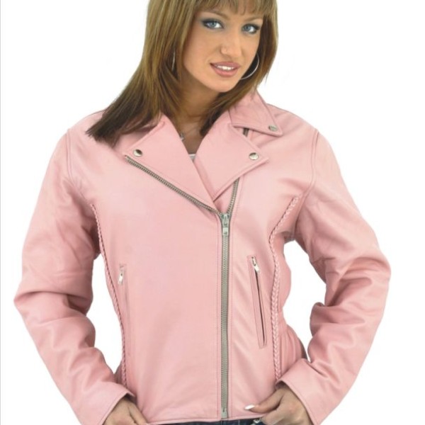 DEALER LEATHER Ladies Heavy Duty Soft Leather Pink Jacket w/ Braid, Lining & Gather Sides LJ710